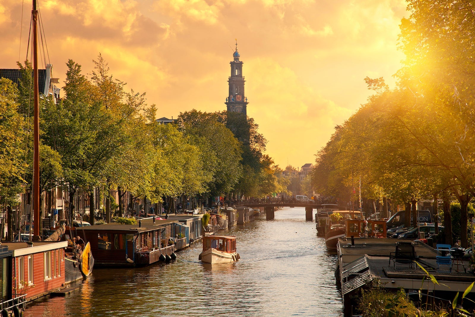 Canal in Amsterdam with the church 'Westerkerk'