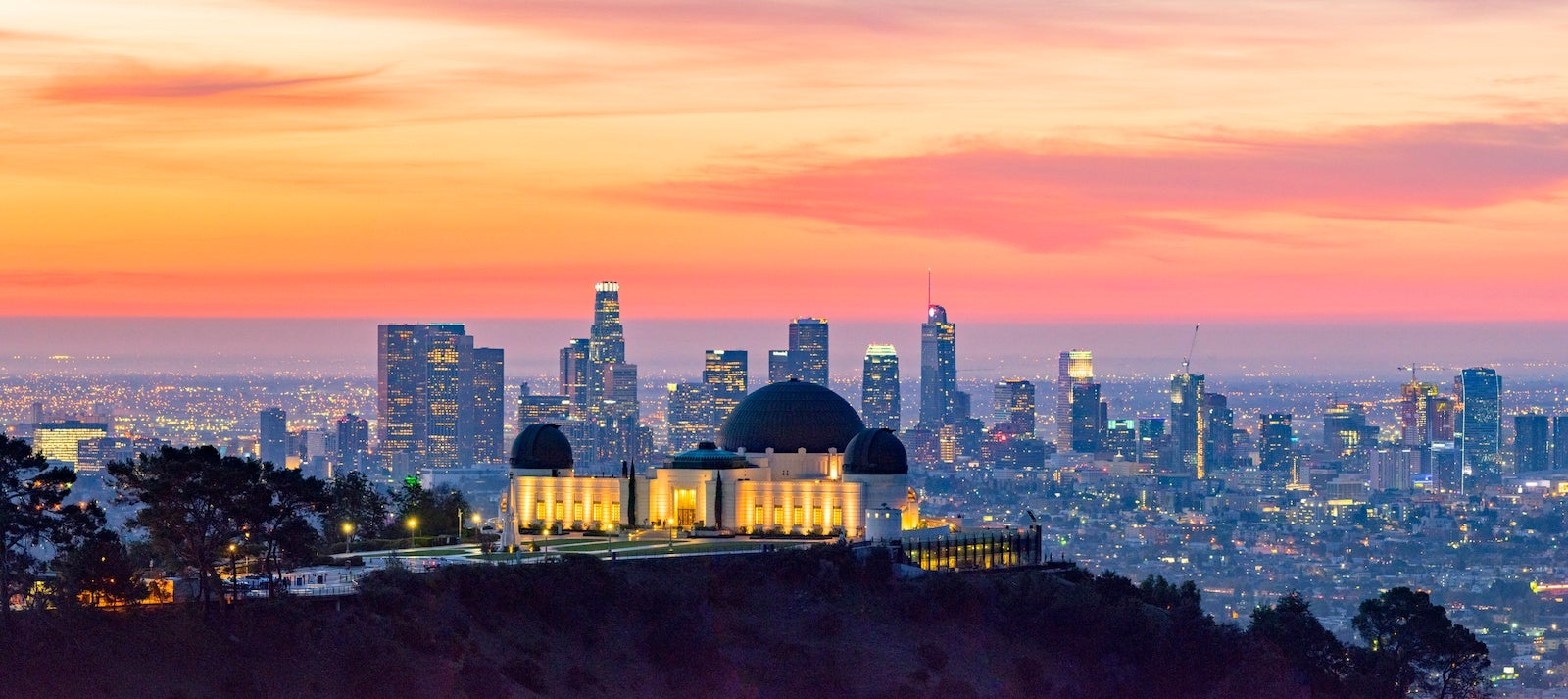 Los Angeles Skyline at Dawn Panorama and Griffith Park Observatory in the Foreground
