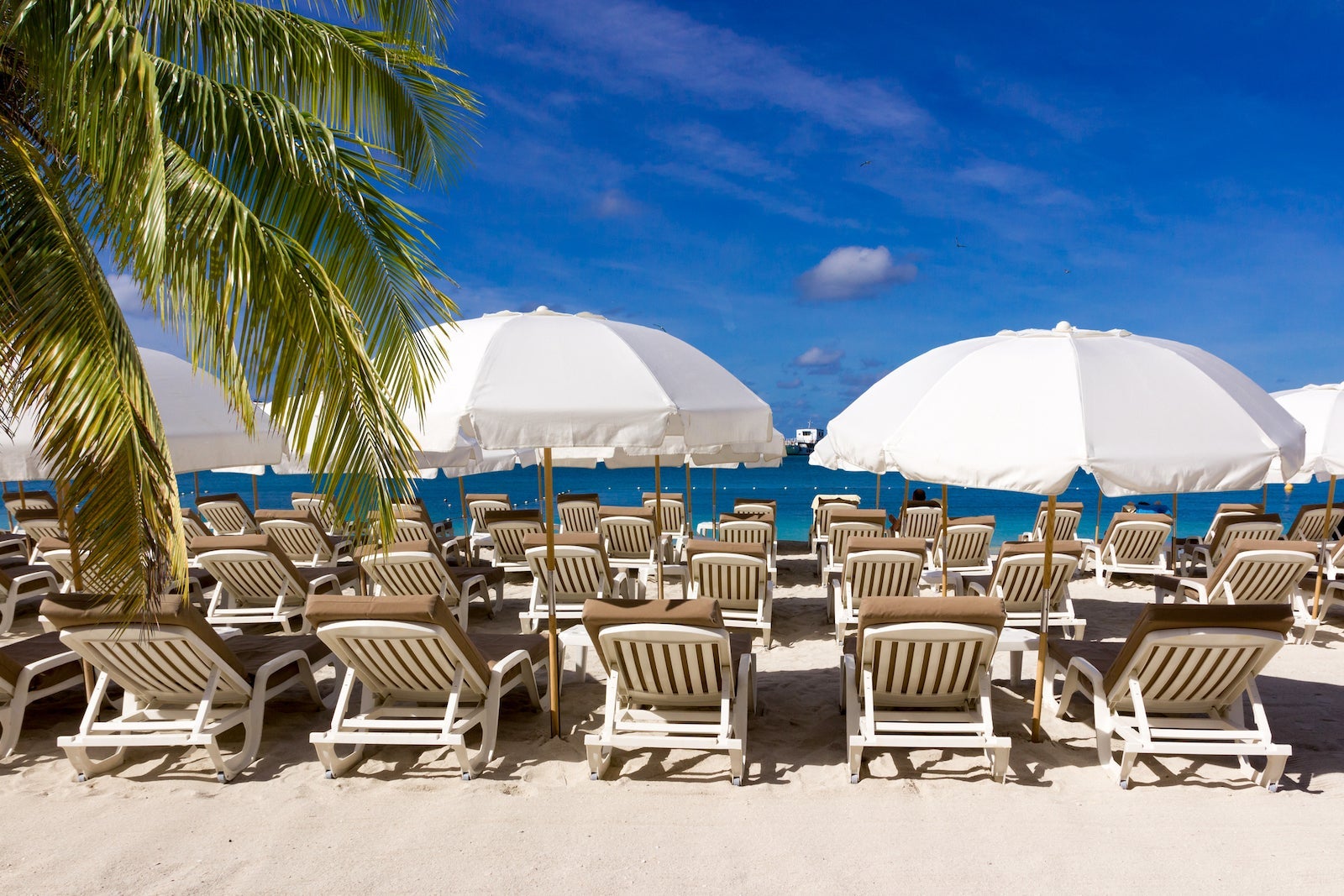 beach chairs and white umbrellas on caribbean island St. Marten