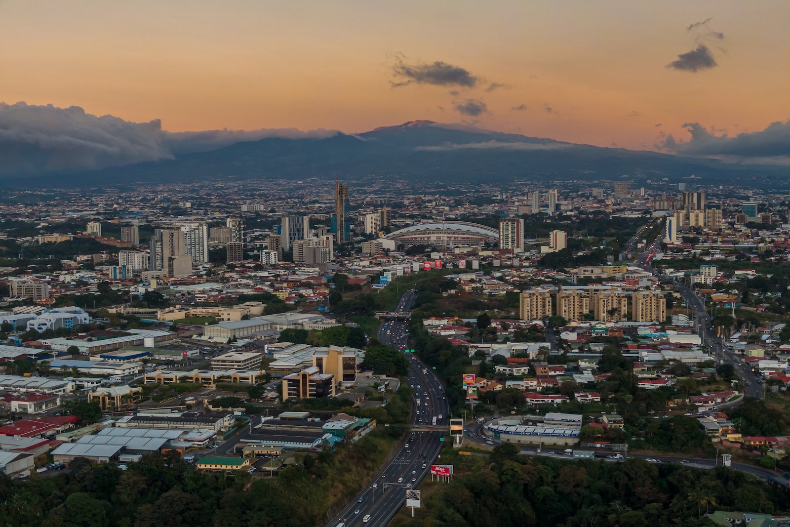 Beautiful Aerial View of the 27 highway and toll in Escazu Costa Rica