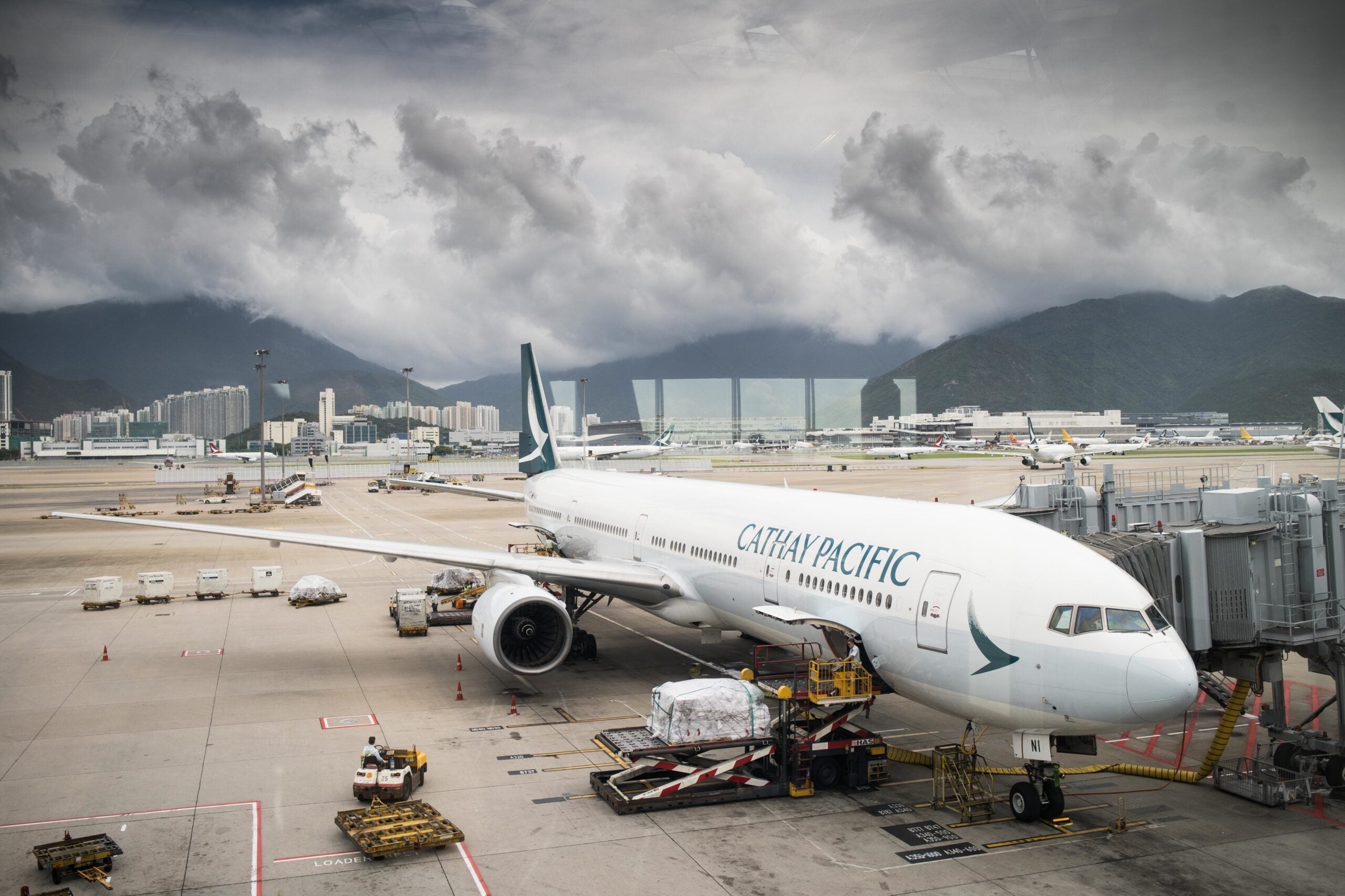 A Cathay Pacific Boeing 777-300 aircraft seen at the gate in Hong Kong