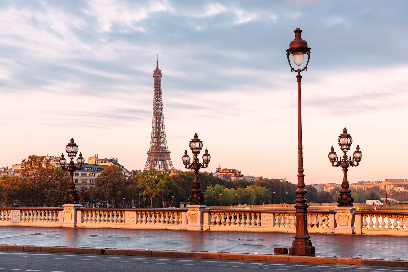 Pont Alexandre III bridge and Eiffel Tower at sunrise, Paris, France