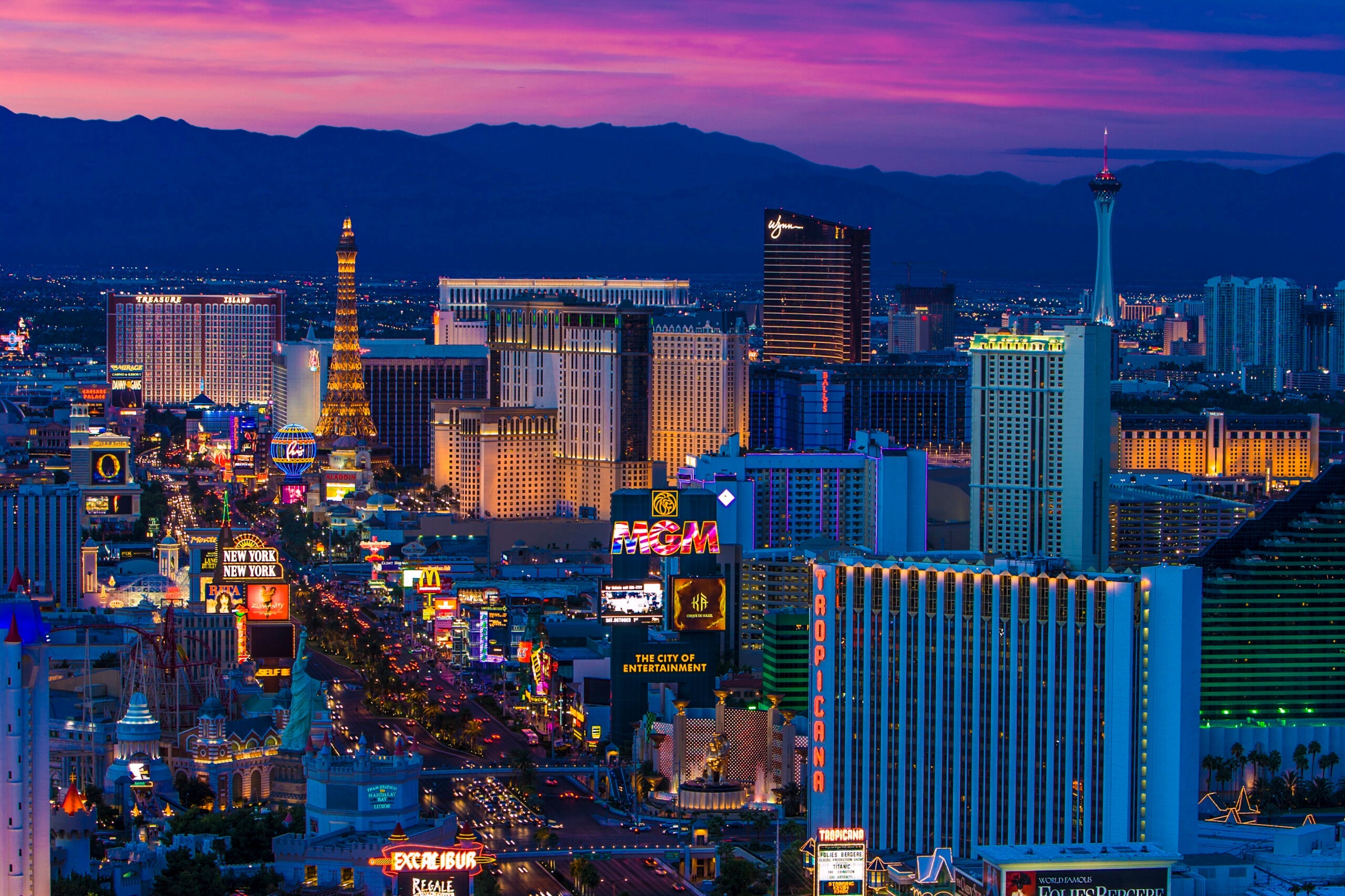 Las Vegas skyline and the Strip at dusk