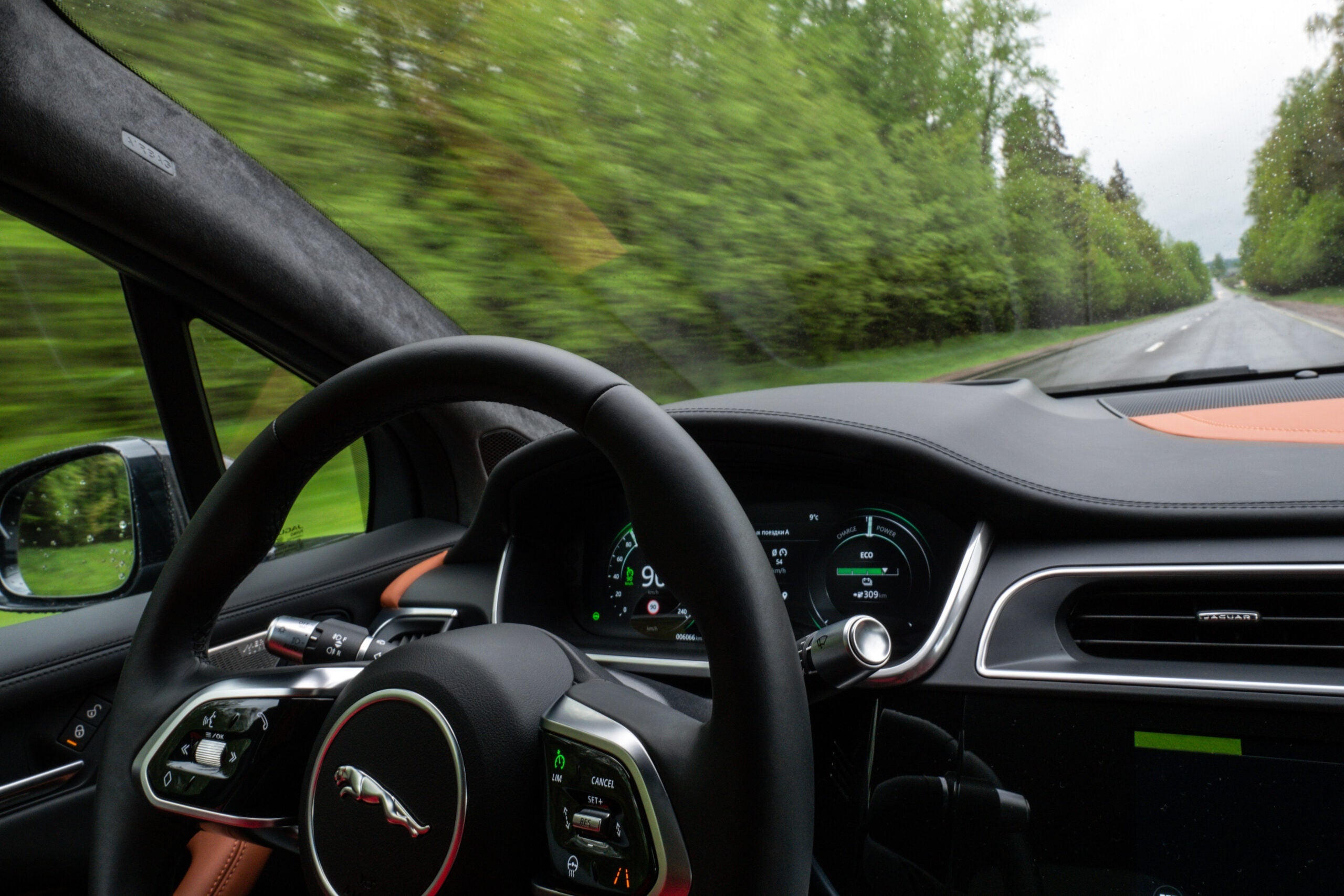 First-person view from a driver's seat of electric vehicle