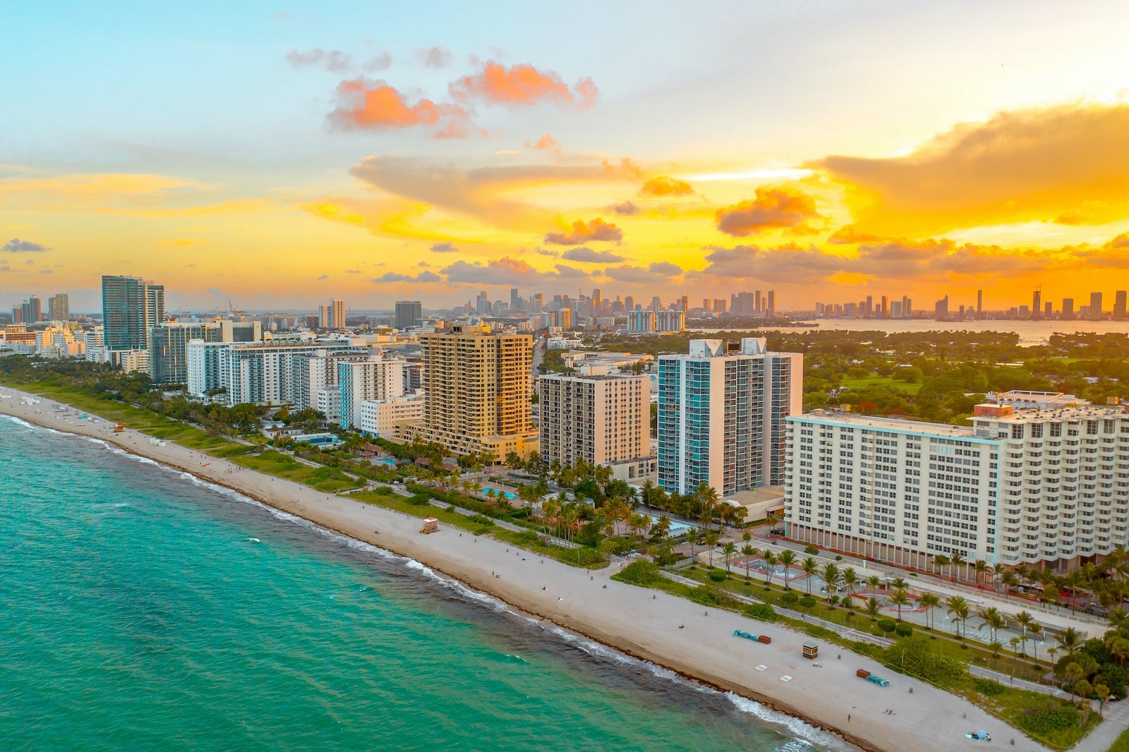 Gorgeous aerial view of sunset in Miami Beach, Florida from a drone