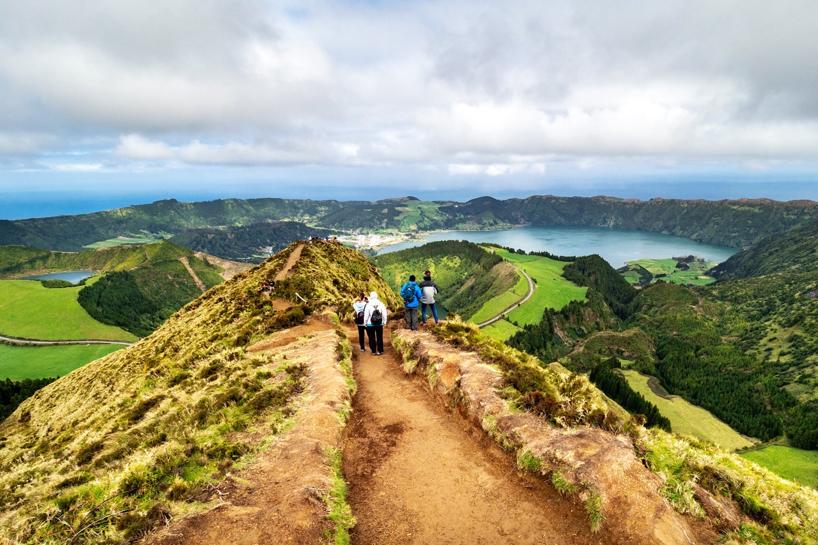 Viewpoint on top of a mountain overlooking a lakes landscape. Sao Miguel Island, Azores Islands, Portugal.