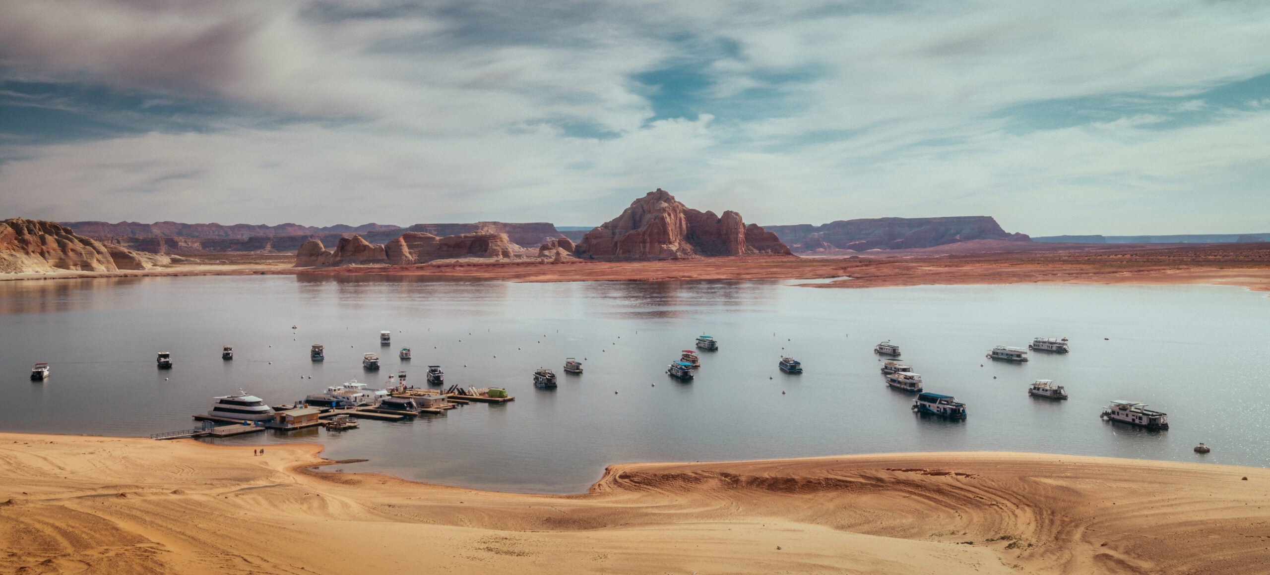 Panorama Of Boats On Lake Powell, Arizona With Low Water Level.
