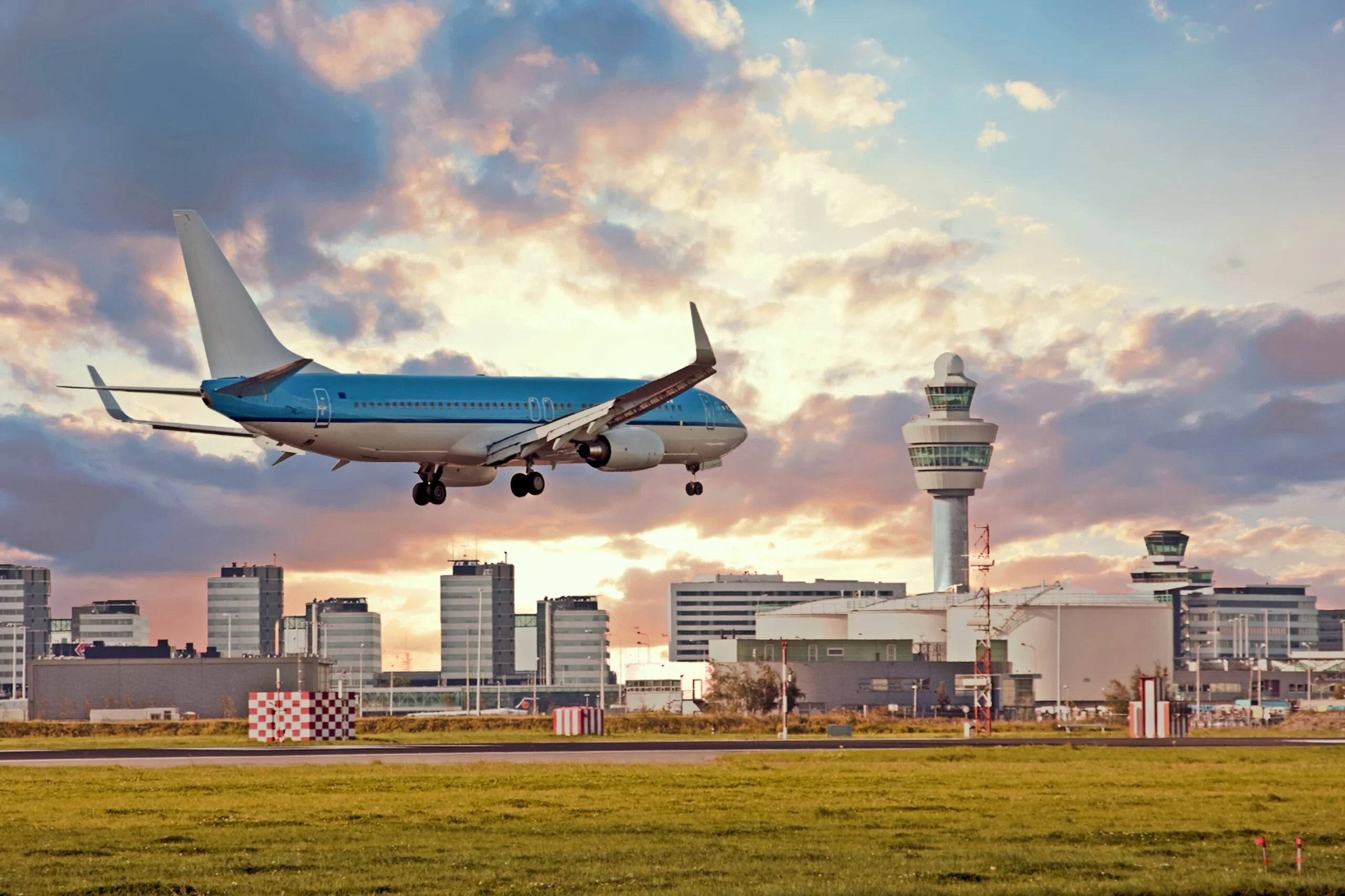 Airplane landing on Schiphol airport in Amsterdam in the Netherlands