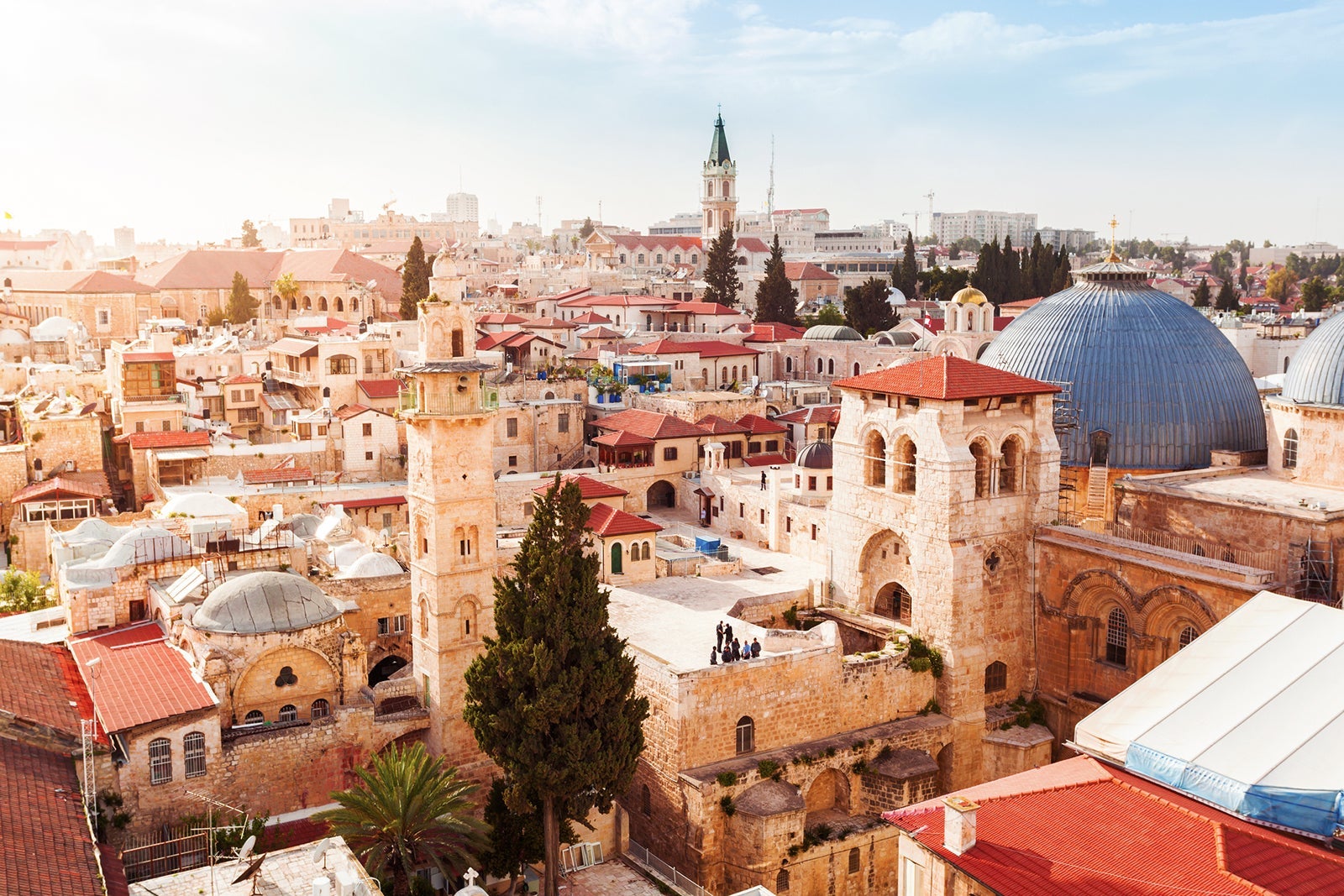 Old City of Jerusalem with the aerial view. View of the Church of the Holy Sepulchre, Israel.