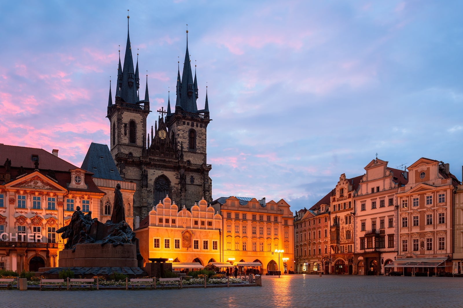 Sunrise, Panorama, Tyn Church, Old Town Square, Prague, Czechia