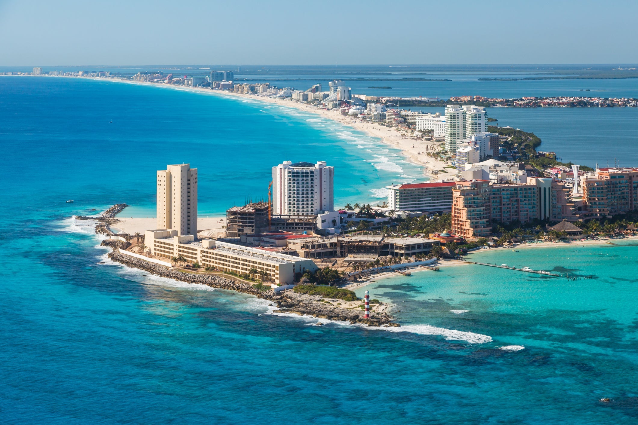 Aerial view of Cancun hotel zone, Quintana Roo, Mexico