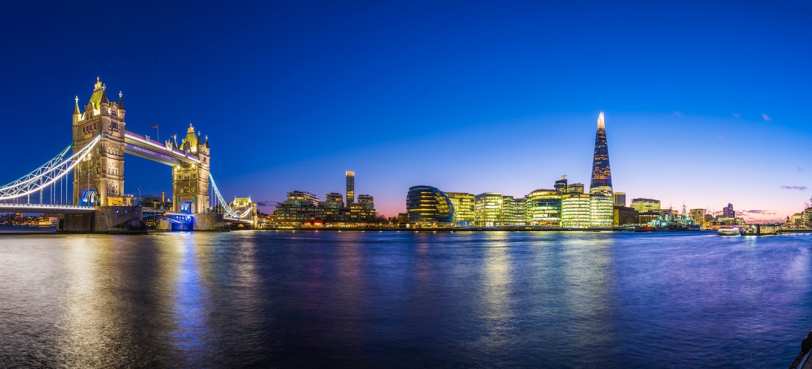London Tower Bridge Thames Shard skyscraper illuminated at sunset panorama