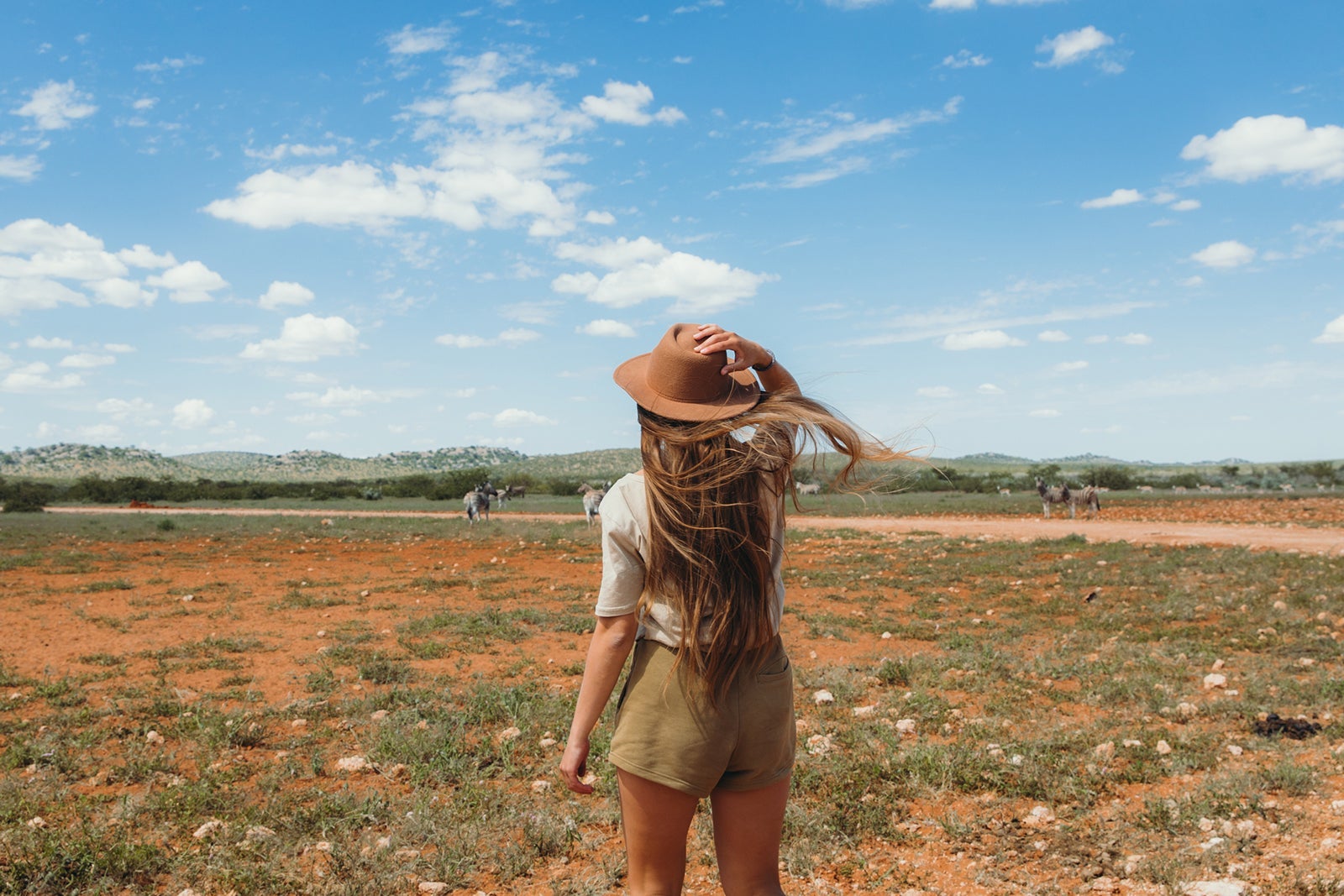 Young woman explorer having safari trip looking at zebra in Etosha National Park, Namibia