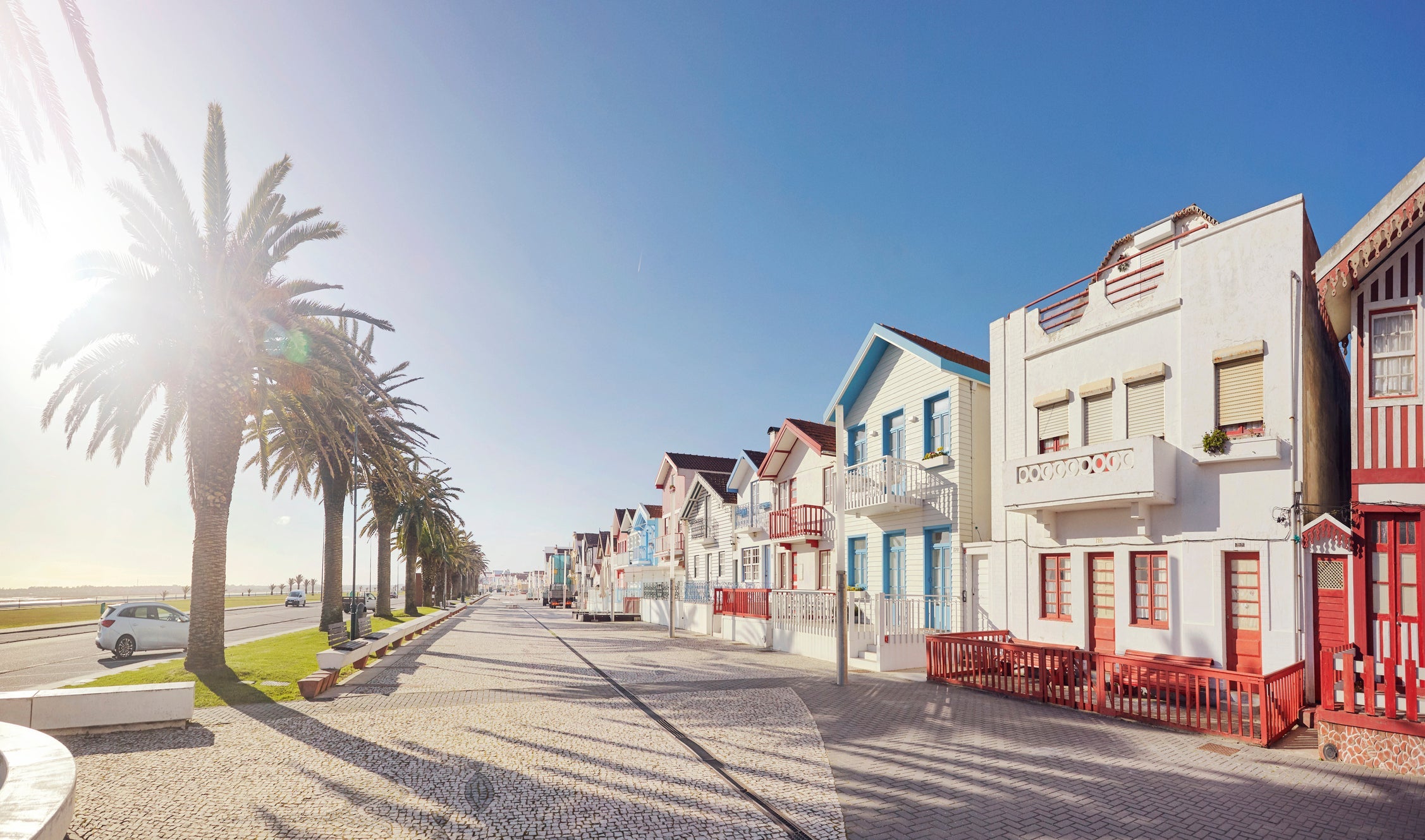 Row of colourful beach houses in Costa Nova, Portugal