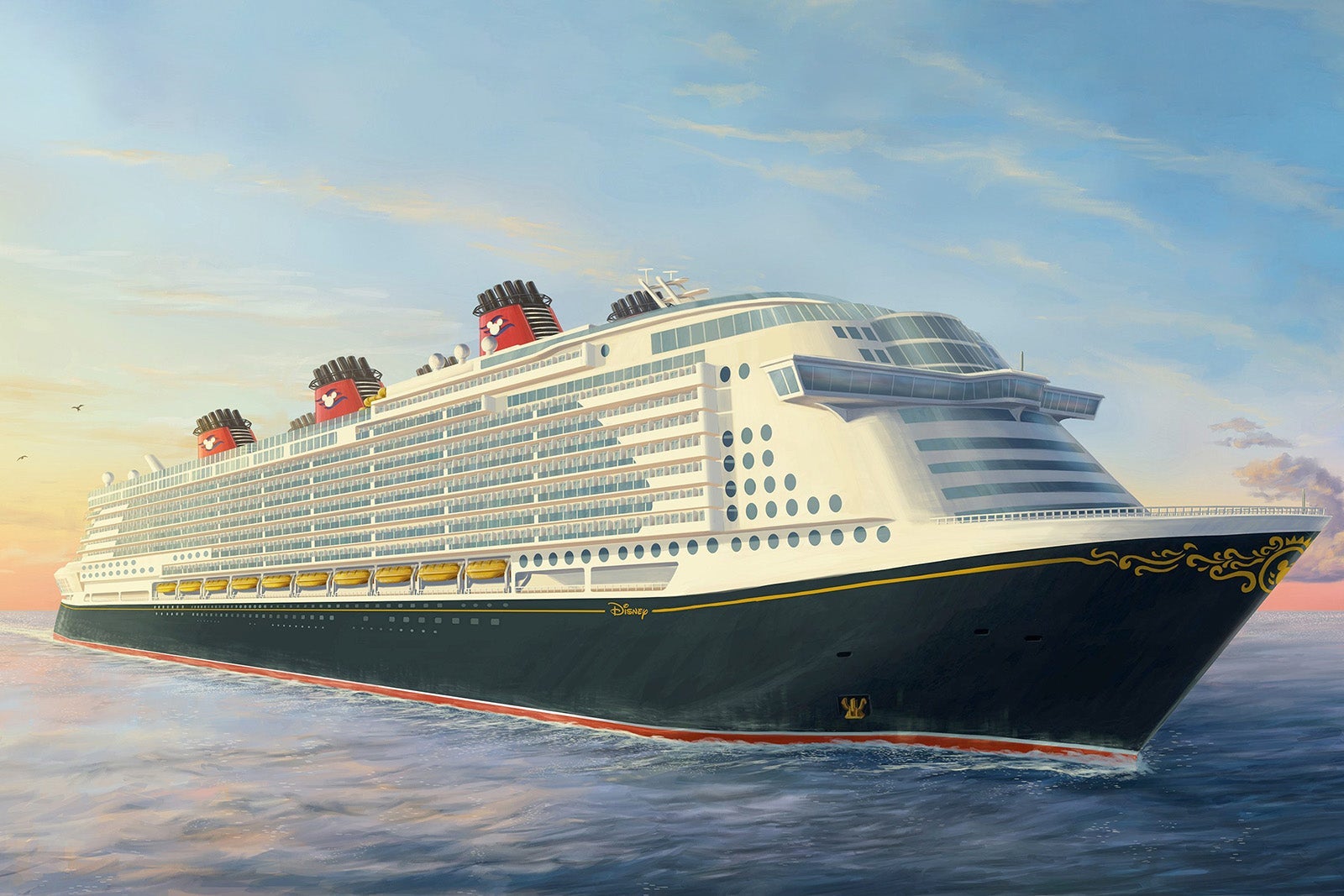 Early artist concept rendering depicts a new Disney Cruise Line ship in the iconic, Mickey Mouse-inspired colors of the fleet. Disney announced the acquisition of a partially completed ship that will bring the magic of a Disney vacation to new global destinations. The ship will be renamed with certain features reimagined under the world-renowned expertise of Walt Disney Imagineers.