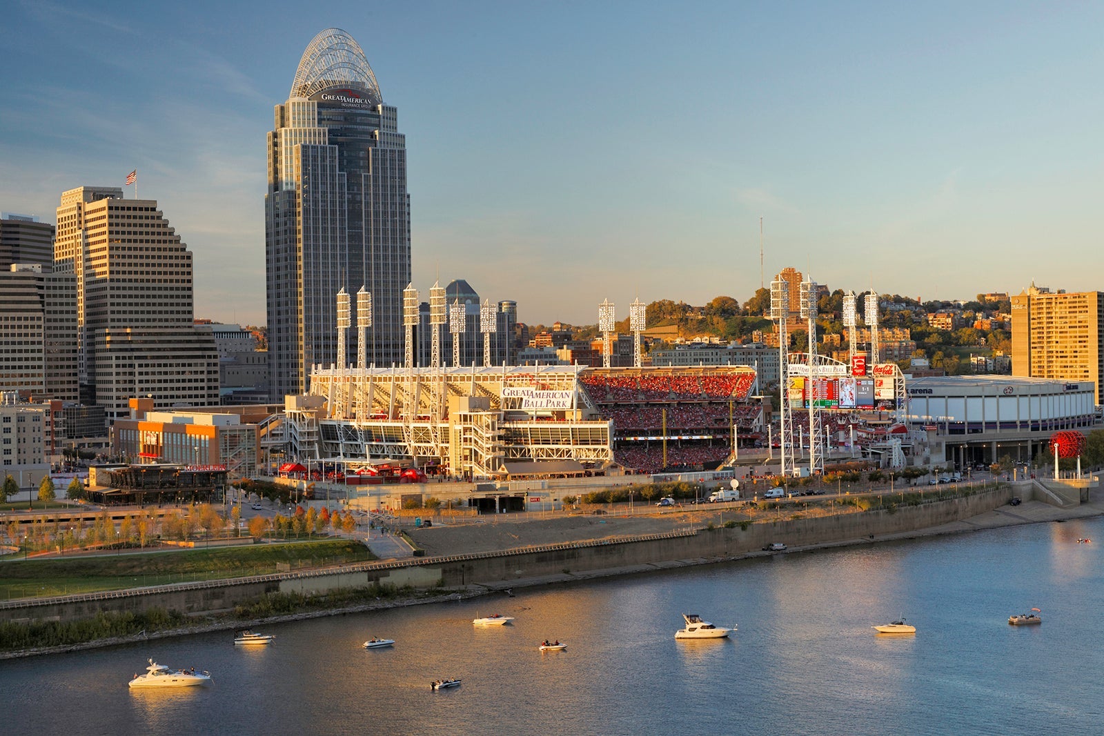 Great American Ballpark stadium at sunset