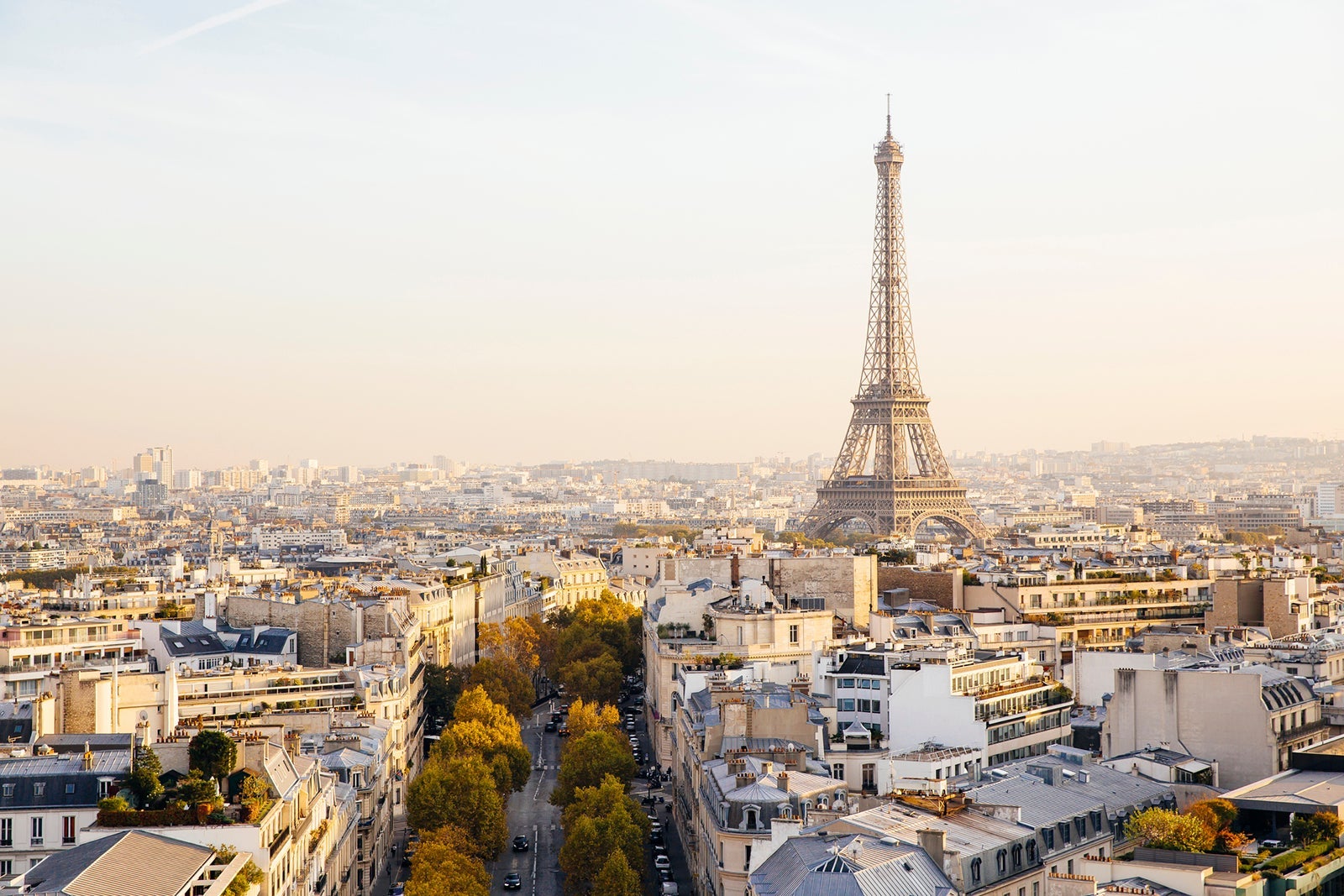 Elevated view of Eiffel Tower and Paris skyline at sunset, France