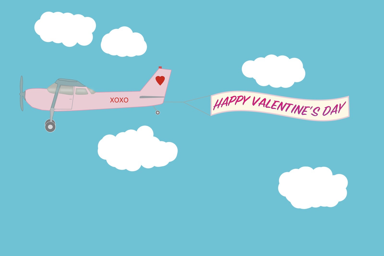 Cartoon illustration of a pink Cesna plane towing a Happy Valentine's Day banner