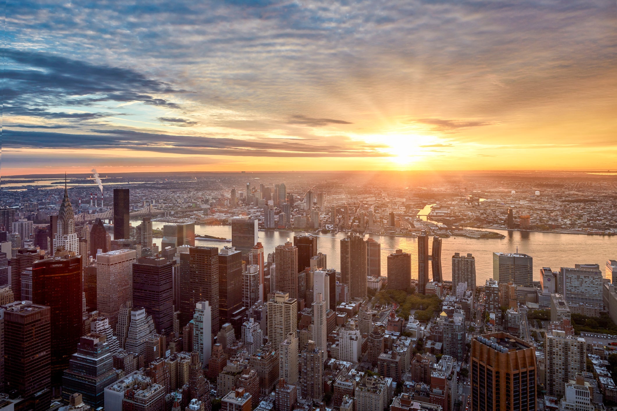 Aerial View over Manhattan with Chrysler Building at sunrise, New York City, New York, United States