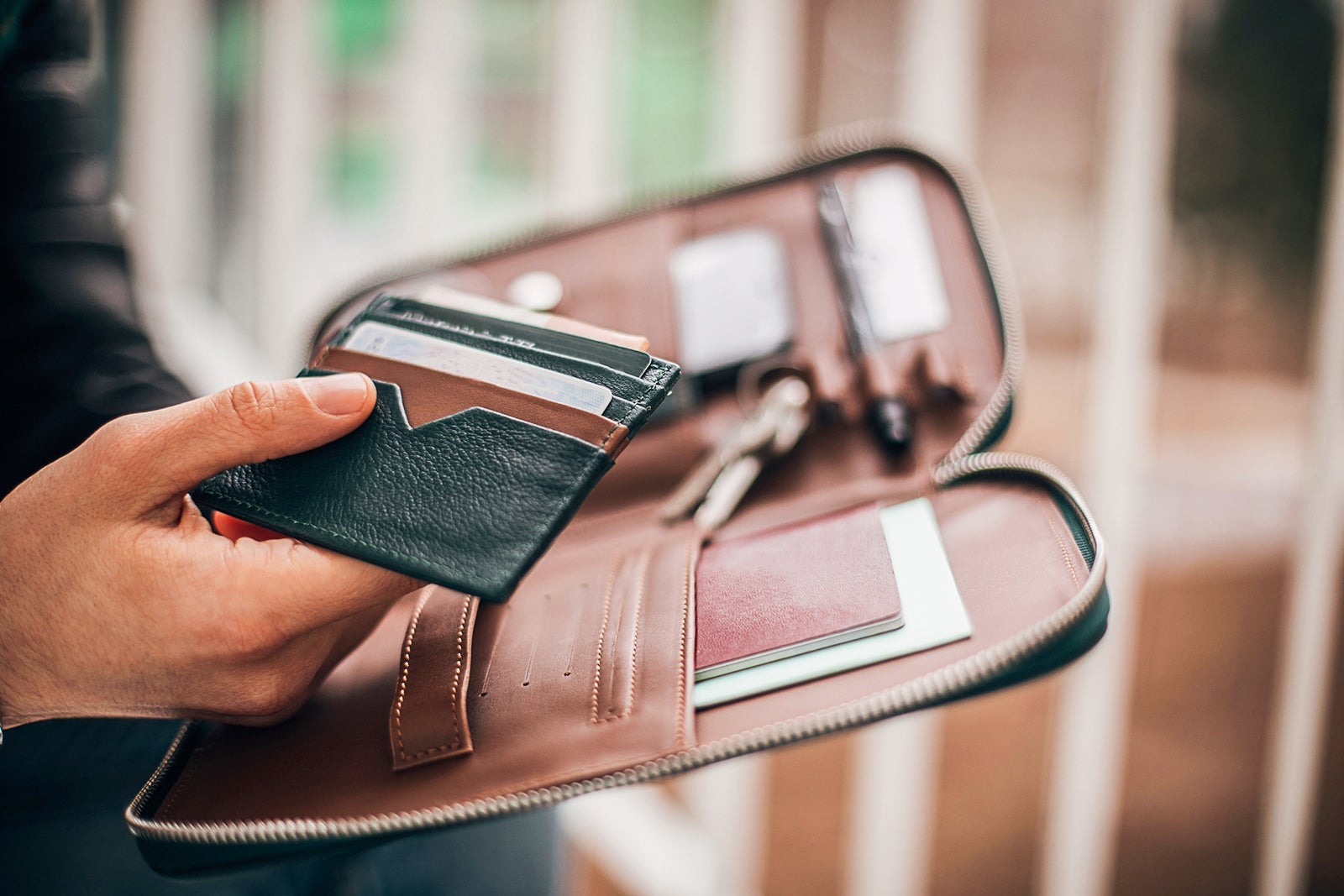 Modern man opened his male purse