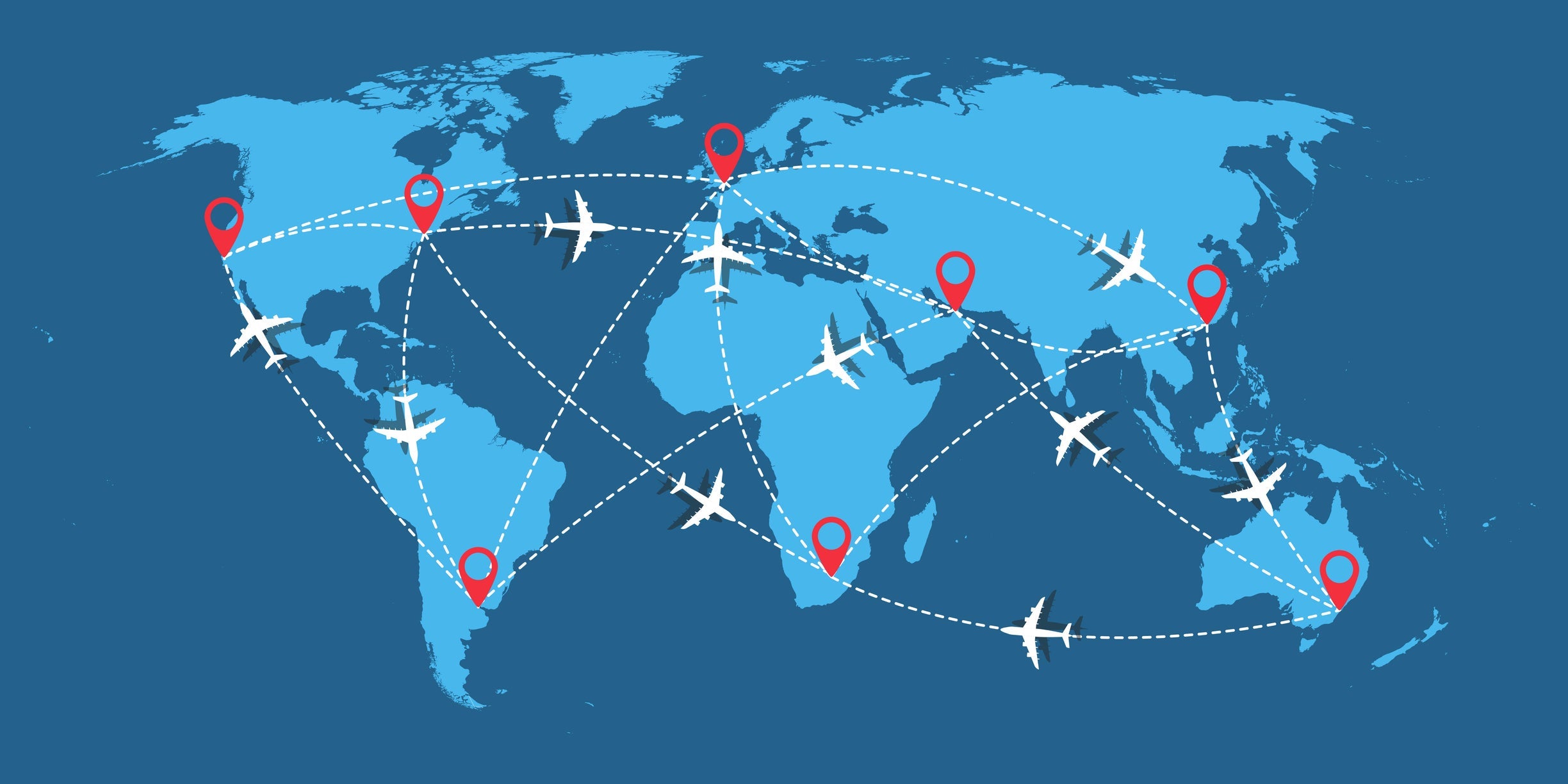 World travel map with airplanes. Flight routes with red pins marker and dotted direction. Template design for plane tracking, travel concept.