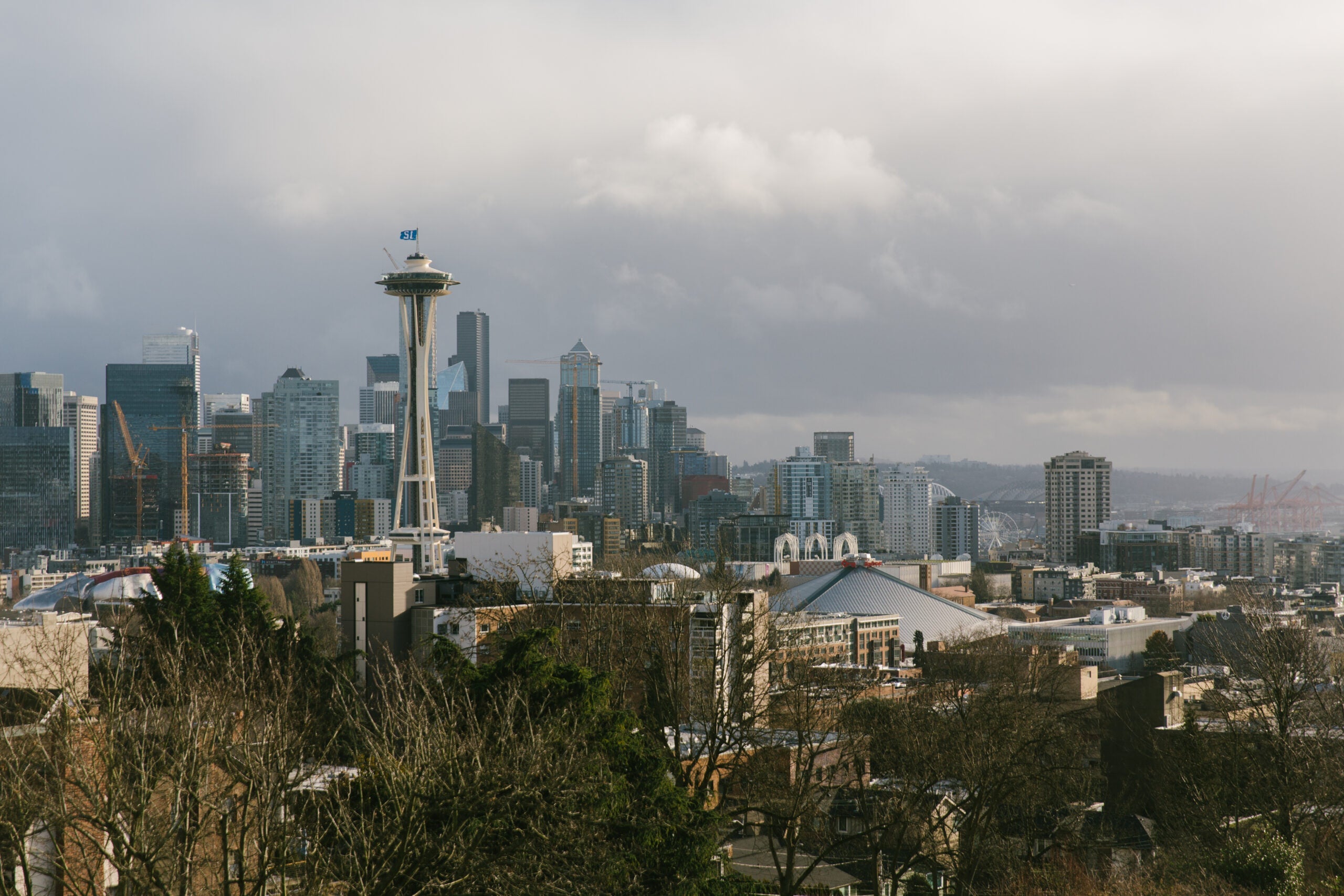 Seattle Cityscape with Space Needle. Outdoor Seattle shots around the city during the daytime during winter.