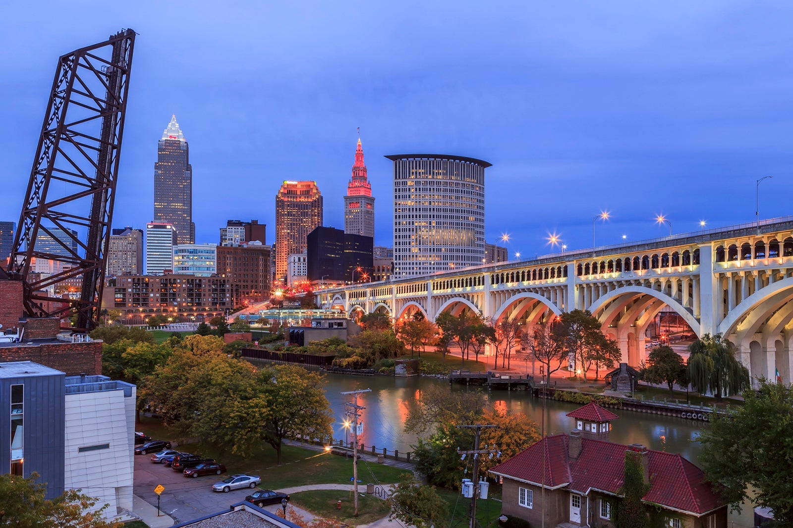 Cleveland Skyline View with Veterans Memorial Bridge in the evening lights.