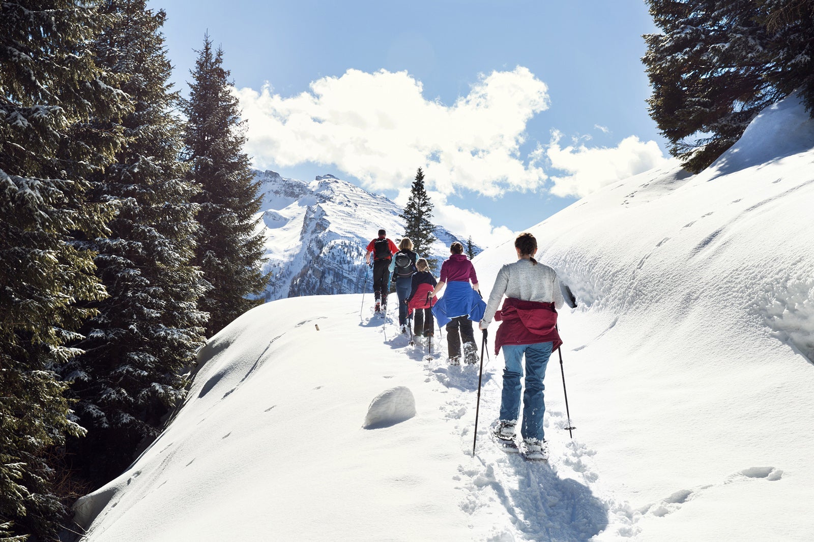 Mature couple and daughters snowshoeing in snow covered mountain landscape, rear view, Styria, Tyrol, Austria
