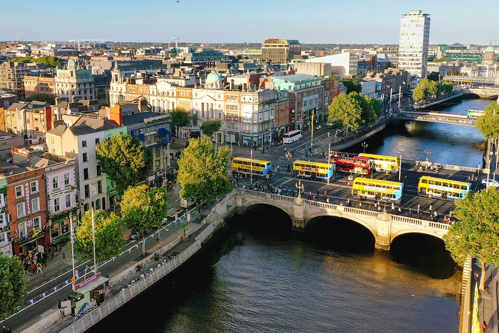 Dublin aerial view with Liffey river and O'Connell bridge during sunset