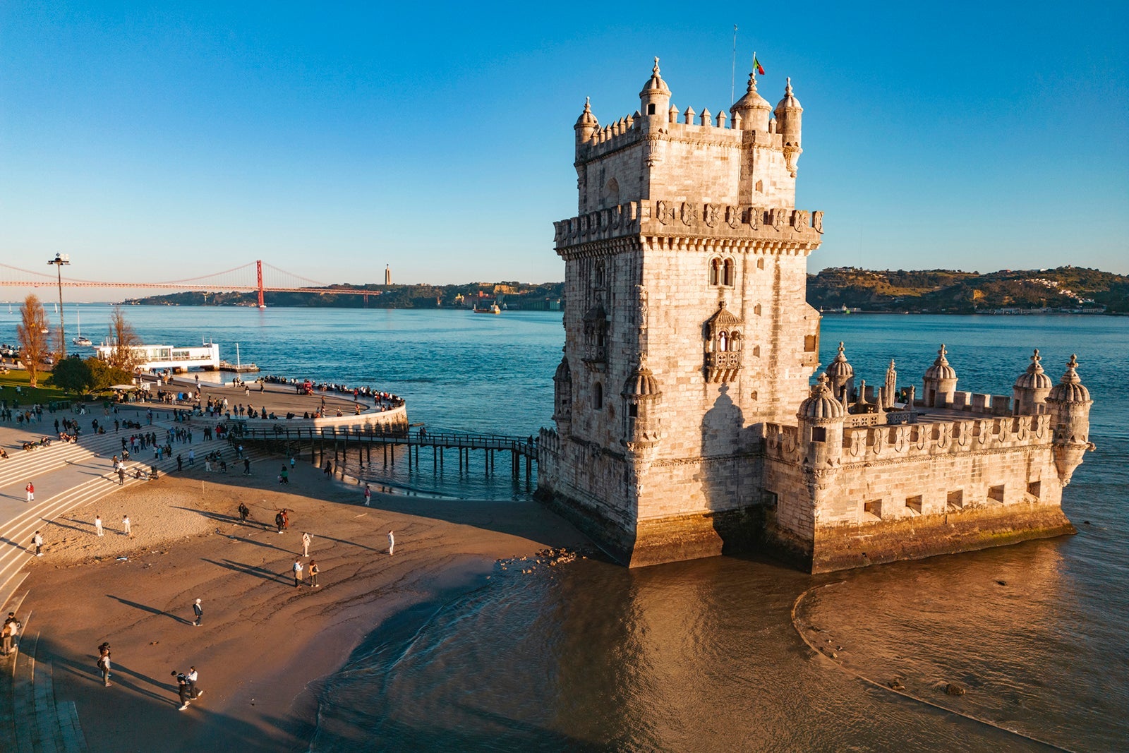 Drone view of Belem Tower in downtown Lisbon