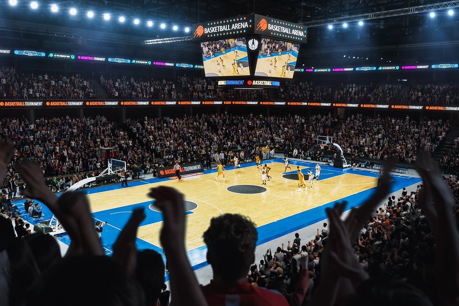 High Angle Establishing Wide Shot of a Whole Arena of Spectators Watching a Basketball Championship Game. Teams Play, Crowds of Fans Raise Hands and Cheer. Sports Channel Live Television Broadcast