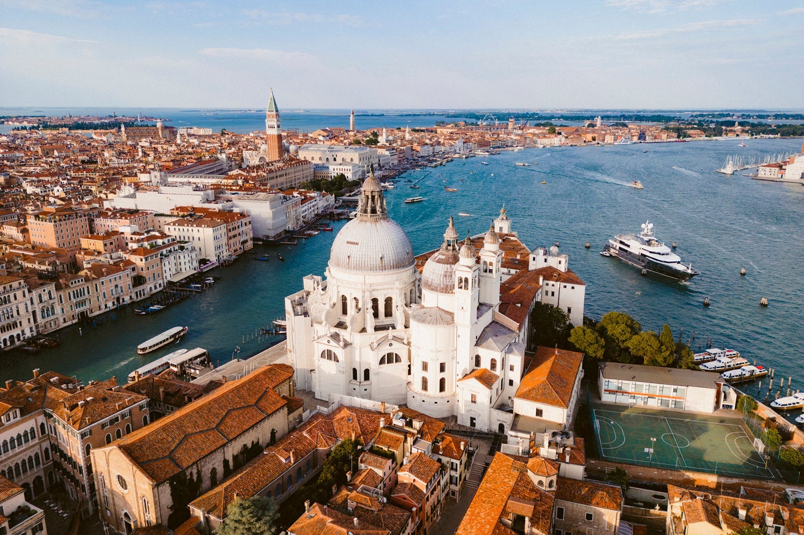 Aerial view over city of Venice at sunset