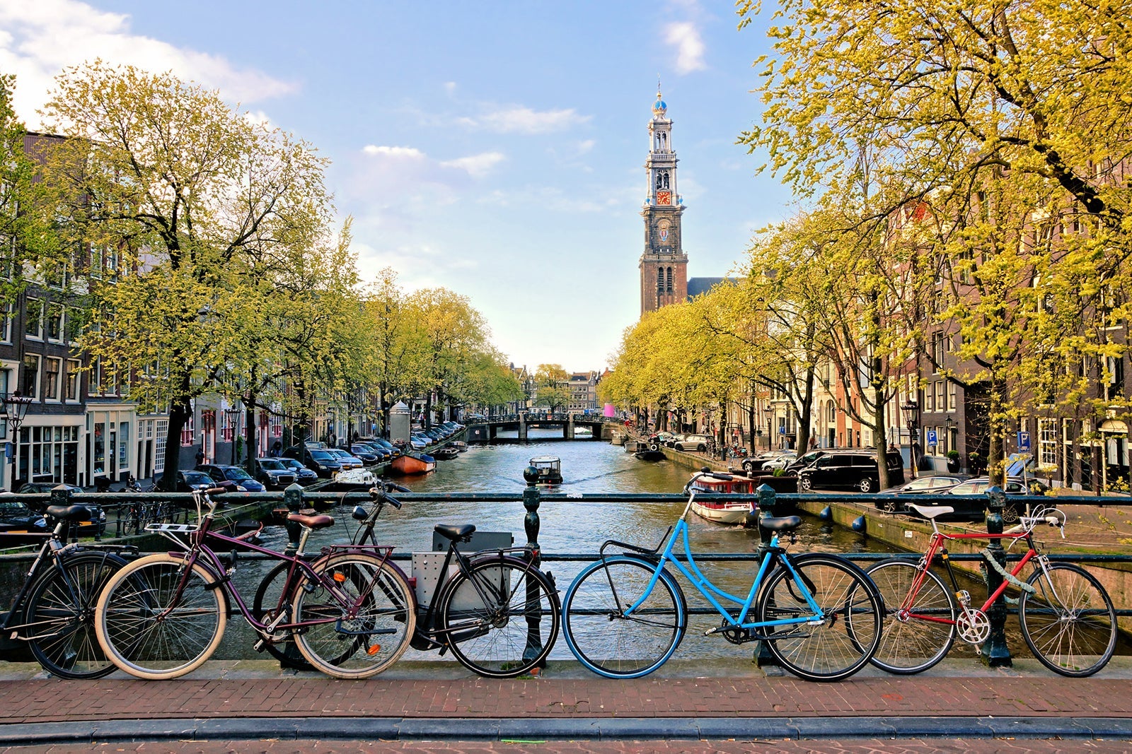Bicycles on a bridge over the canals of Amsterdam, Netherlands