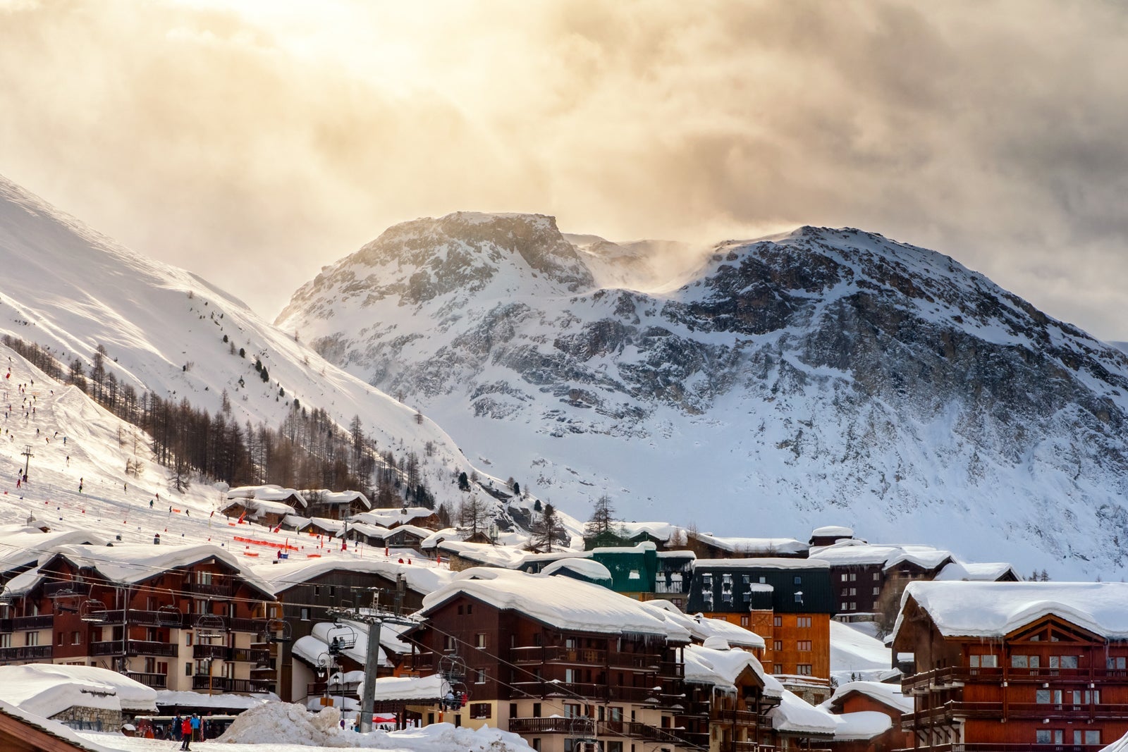 Skiing in french ski tourist resort of Val d'Isere in European Alps mountains in winter
