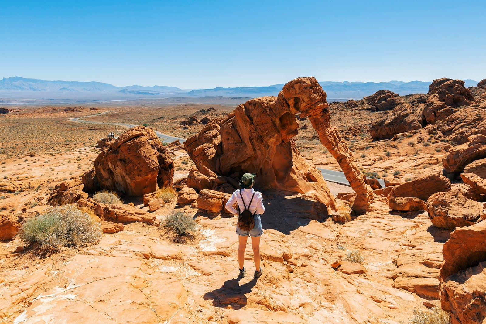Girl standing on Elephant Rock at Valley of Fire State Park in a sunny day, Nevada, USA