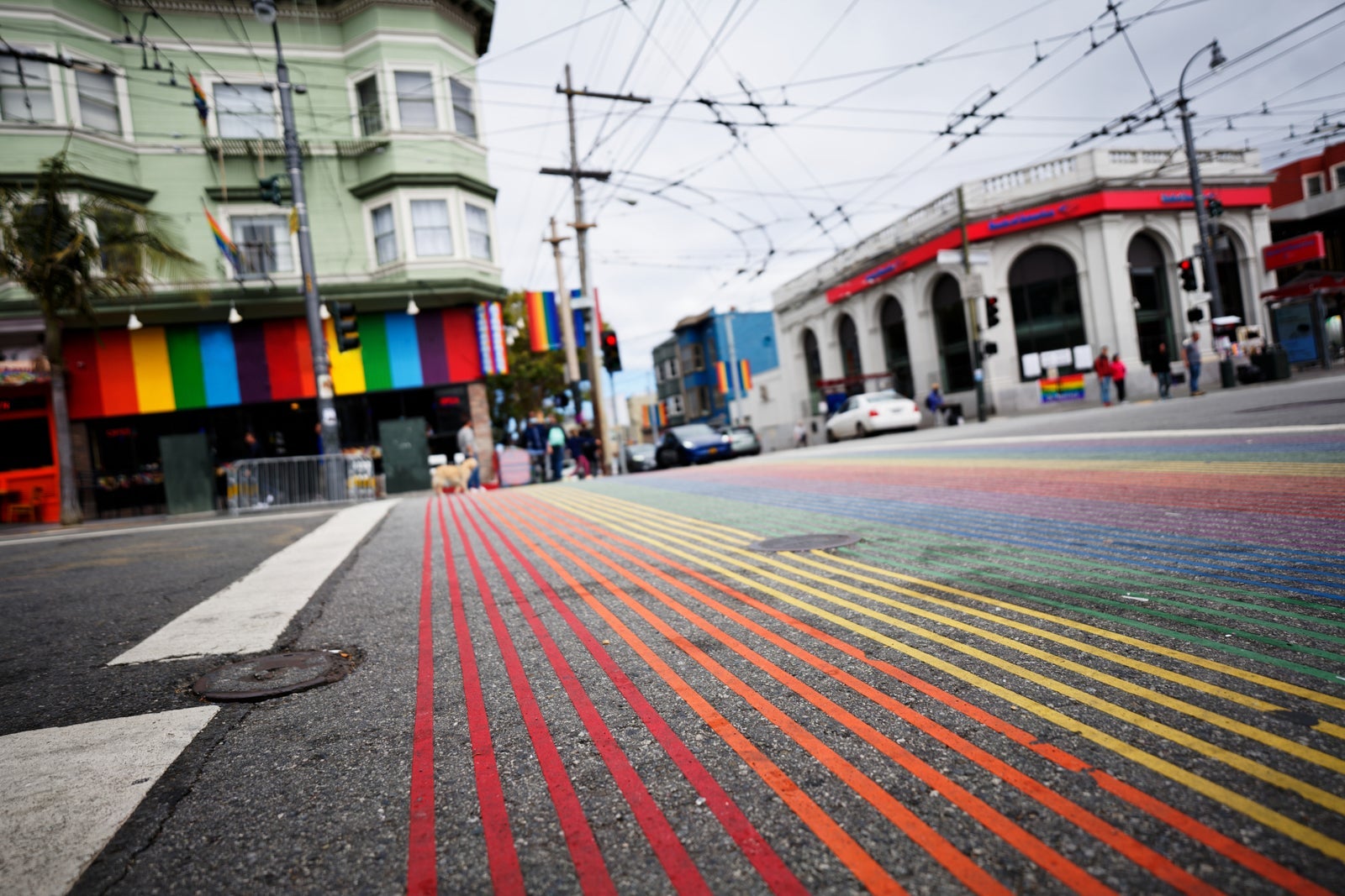 Rainbow-striped crosswalk on a San Francisco street