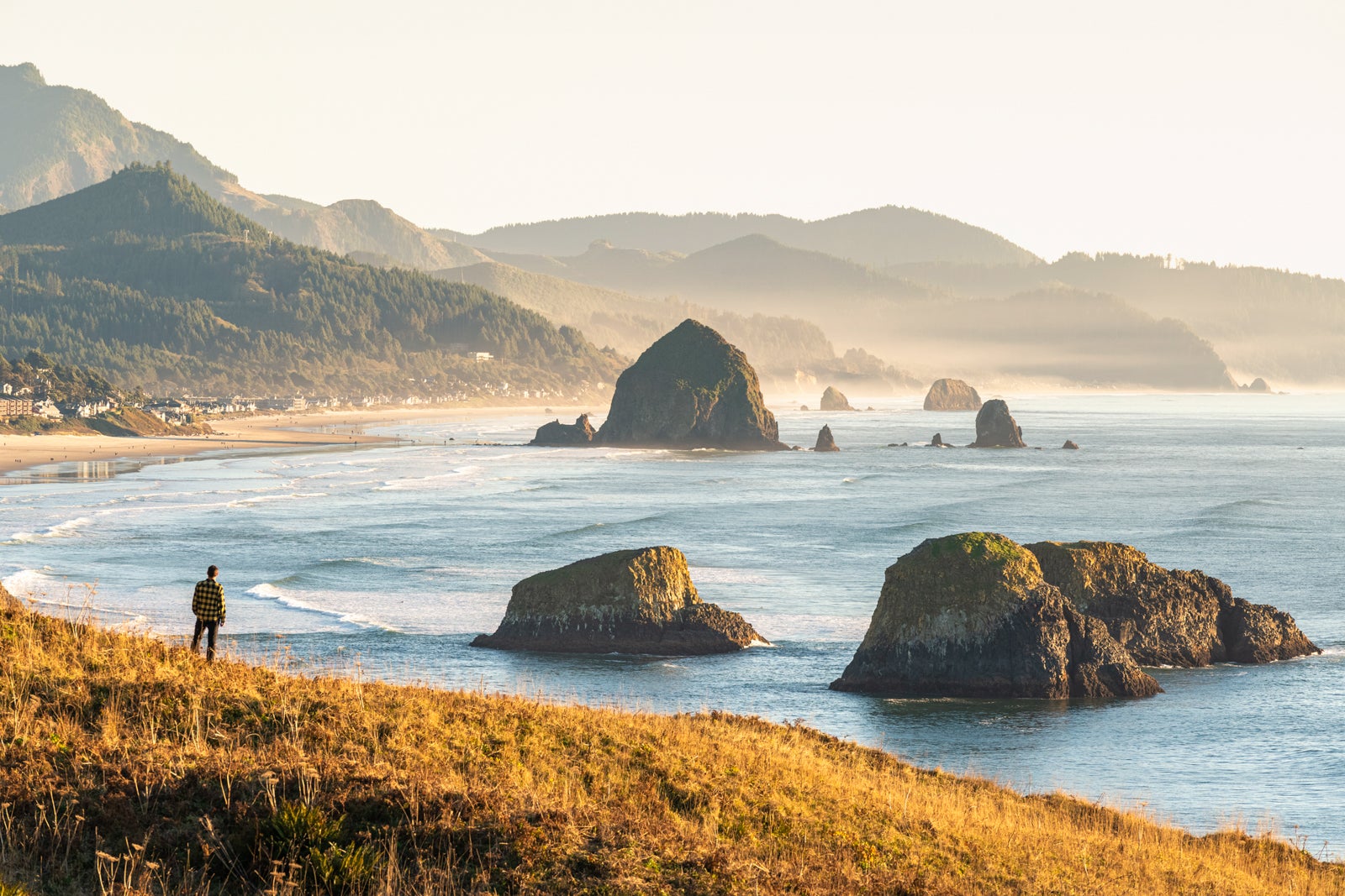 Man looking at view, Ecola State Park, Cannon Beach, Oregon, USA.