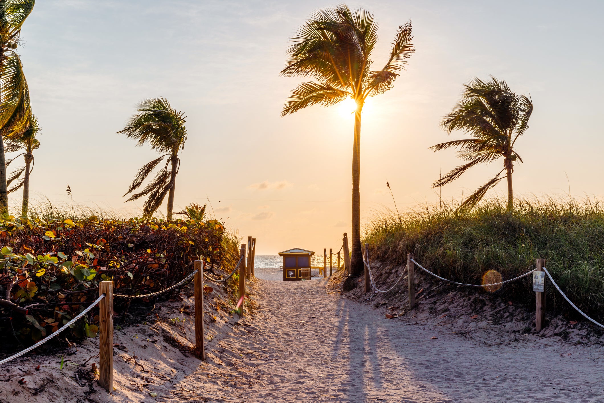 Path to the beach among sand dunes in South Beach, Miami, Florida, USA