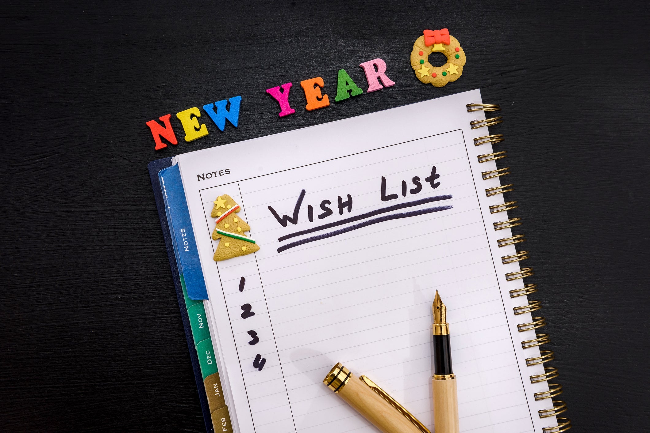Wish list in notepad on the table