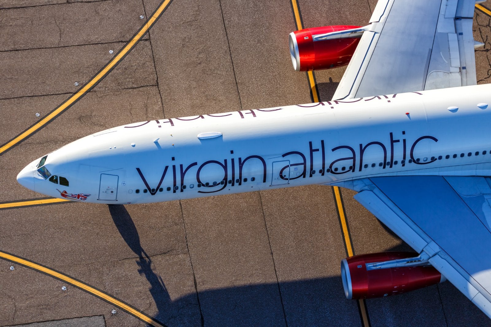 Aerial view photo Virgin Atlantic Airbus A330-300 airplane at Orlando Airport in the United States
