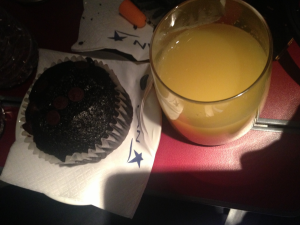 Orange juice and a muffin for breakfast. 