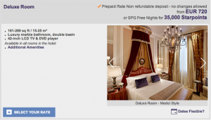 Deluxe rooms go for 720 EUR or 35,000 Starpoints.