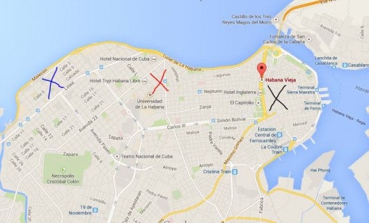 Neighborhoods in Havana: Blue X: Miramar, Red X: Vedado, Black X: Old Havana