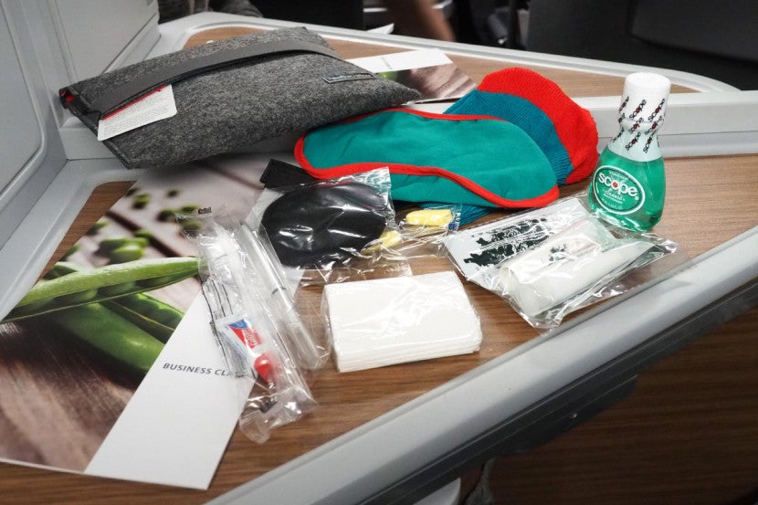 AA's business-class amenity kits include a standard mix of necessities.