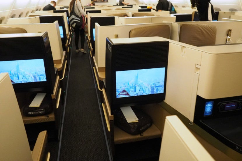 The A380's business-class cabin is arranged in a 1-2-1 configuration.