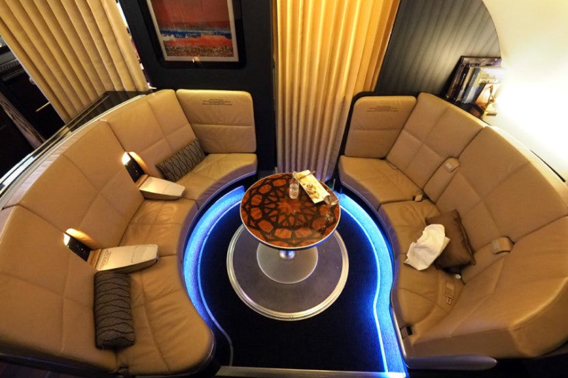 Located between business and first class, the lounge has plenty of room to stretch out.