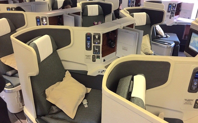 The business-class seats on Cathay's A350s will be a refreshed version of its current business-class seats, pictured here.