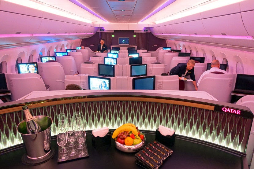 Looking over the business-class cabin of Qatar's A350.