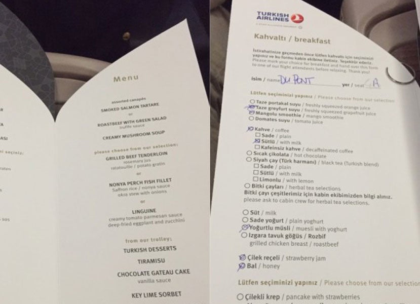 The dinner and breakfast menus on the SIN-IST leg.