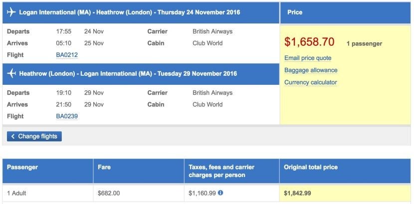 Boston (BOS) to London (LHR) in business class on British Airways for $1,659.